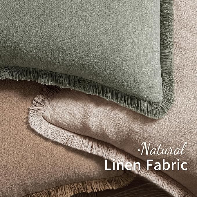 MIULEE Boho Natural Linen Fringe Decorative Throw Pillow Covers 16x16 | Set of 2, Cottagecore Decor, Boho Farmhouse Neutral Pillow Covers, Rustic Couch Cushion Cases for Sofa Bed Living Room