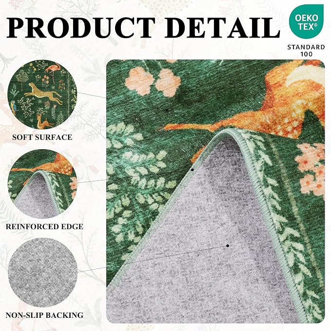 DUKINO 2x8 Washable Runner Rug, Non Slip Animal Kitchen Runner Rug, Green | Soft, Low Pile, Non-Shedding Indoor Carpet Runner for Hallway, Entryway, Bedroom, Bathroom, Pet Friendly, Stain Resistant