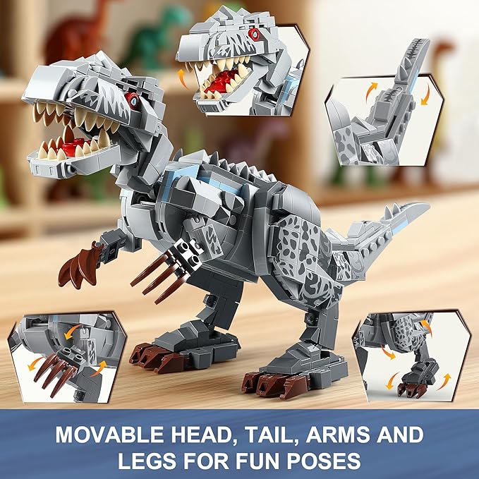 Dual Dinosaur Building Sets - Indominus Rex & Mosasaurus Dinosaur Toys with Poseable Joints, STEM Educational Toys for Kids Ages 6-12, Creative Birthday Gifts for Boys and Girls