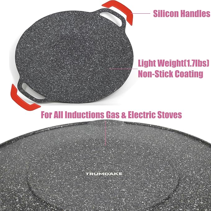 13" Korean Grill Pan with Silicone Mitts - Lightweight Non-Stick Aluminum BBQ Griddle for Indoor & Outdoor Cooking, 6-Layer Coating, Works on Induction Gas Electric Stovetops