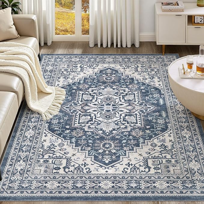 UERMEI 10x14 Area Rug for Living Room - Washable Vintage Carpet, Non-Slip Soft Large Indoor Floor Rugs for Bedroom Home Office & Under Dining Table Decor, Denim Blue/White