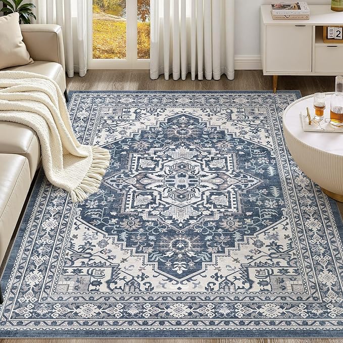 UERMEI 8x10 Area Rug for Living Room - Washable Vintage Carpet, Non-Slip Soft Large Indoor Floor Rugs for Bedroom Home Office & Under Dining Table Decor, Denim Blue/White