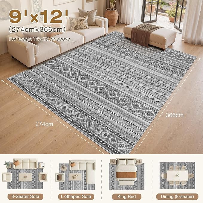 cotiled 9x12 Area Rugs Living Room Rug: Washable Boho Rugs with Non Slip Backing Large Soft Indoor Stain Resistant Carpet for Bedroom Farmhouse Dining Room Lightweight Home Decor Beige Grey