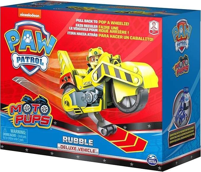 Paw Patrol, Moto Pups Rubble’s Deluxe Pull Back Motorcycle Vehicle with Wheelie Feature and Toy Figure