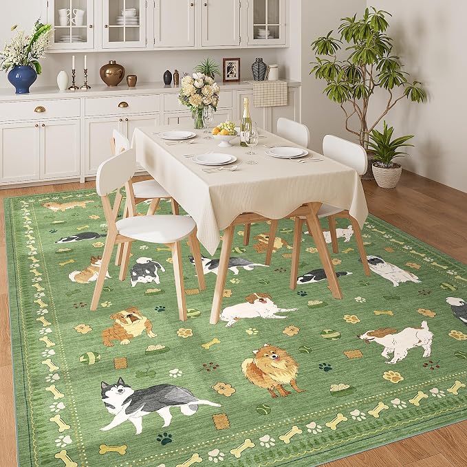 DUKINO 8x10 Area Rug, Washable Dog Rugs for Living Room Soft, Green | Non Slip, Low Pile, Non-Shedding, Stain Resistant Animal Carpet for Bedroom Dining Room Nursery Farmhouse, Pet & Kid Friendly