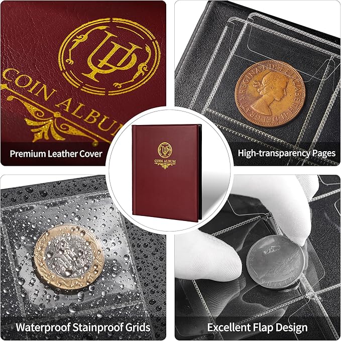 160 Pockets Coin Album - 10 Sheets Mixed Sizes Coin Holder 45x43/33x33 mm Collecting Grid for Pounds Pence Cents (Red) CS48160RE