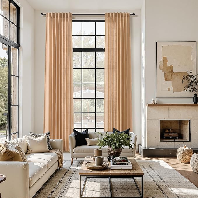 Nanspring Camel Linen Curtains for Living Room 95 Inches Long Back Tab and Rod Pocket Light Filtering Semi Sheer Vintage Rustic Curtain Luxury Boho Decor Drapes for Bedroom Office 52x95, 2 Panels