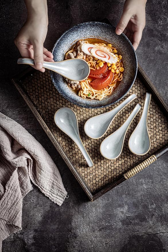 LYEOBOH Ceramic Asian Soup Spoons Set of 6, Ramen Spoons with Long Handle | Japanese Ramen Spoons with Deep Hook Design for Miso Rice, Chinese Soup Spoons for Kitchen, Dishwasher Microwave Safe, Gray