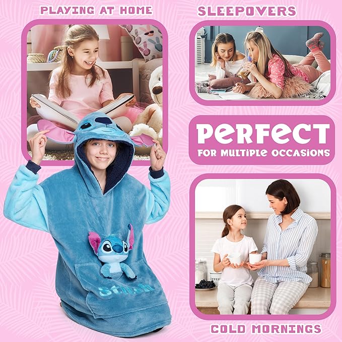 Disney Blanket Hoodie with Plushie and 3D Ears Wearable Comfy Oversized Sweatshirt Sherpa Fleece Blanket Gifts for Kids