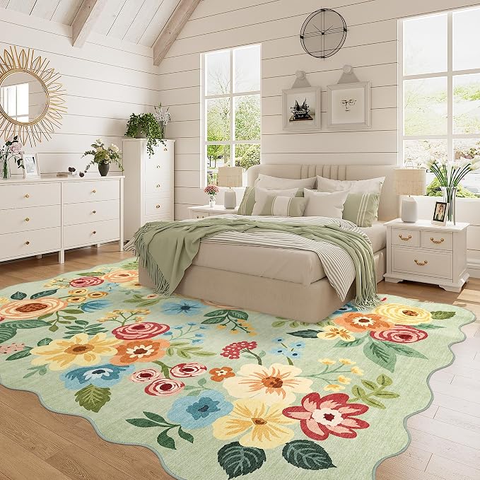 DUKINO 5x7 Area Rugs for Bedroom, Floral Washable Rug Non Slip, Green | Low Pile, Soft, Stain Resistant Throw Rugs for Living Room, Dining Room, Office, Nursery, Pet Friendly, Modern Home Decor