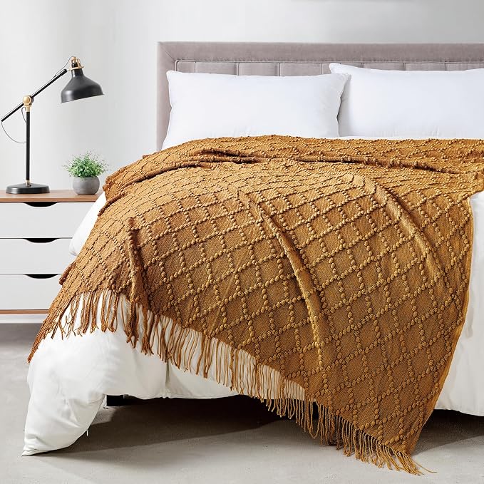BOURINA Almond Throw Blanket 50 x70 Inch Jacquard Throw Knitted Blanket | Jacquard Argyle Throw Textured Solid Soft Throws and Blankets for Sofa or Bed Knitted Decorative Blanket