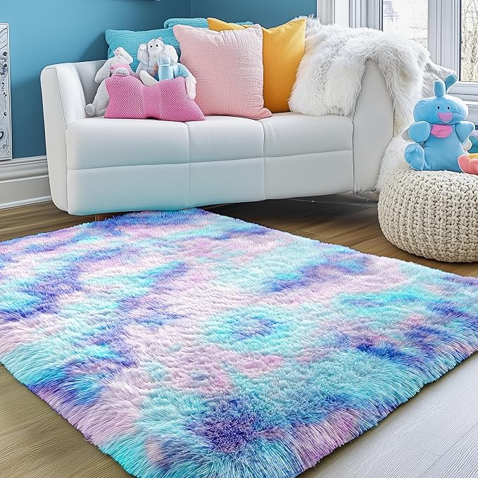 PAGISOFE Adorable Rainbow Mermaid Rugs for Girls Bedroom Plush Fluffy Purple Rug 3x5 Ft,Kawaii Carpet for Living Room,Non-Slip Indoor Princess Rugs for Nursery Kids Girls Room Home Cute Colorful Decor