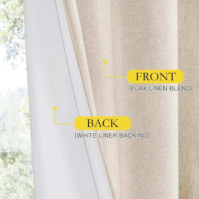 NICETOWN 100% Absolutely Blackout Linen Curtains with Thermal Insulated White Liner, 52" W, 2 PCs, Beige, 102" Long Drapes Sweep The Floor Decorative Keep Privacy Panels for Living Room/Villa/Bedroom