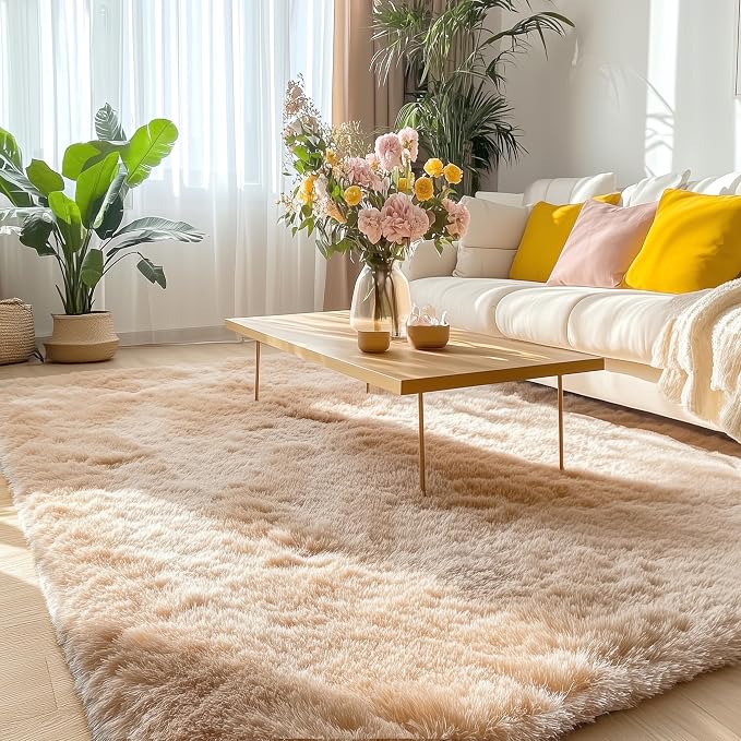OLANLY 5x5 Area Rugs for Living Room Bedroom, Machine Washable Soft Fluffy Shaggy Bedside Rug, Indoor Floor Carpet for Kids Girls and Boys, Dorms, Nursery Rooms, Home Decor Aesthetic, Beige
