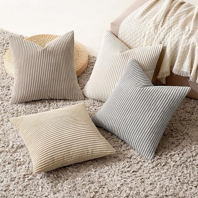 MIULEE Soft Corduroy Decorative Throw Pillow Covers Neutral Tan 18x18 | Set of 4, Mordern Nordic Decor, Cozy Cream Grey Collection, Boho Farmhouse Cushion Covers for Couch Bed Sofa Living Room