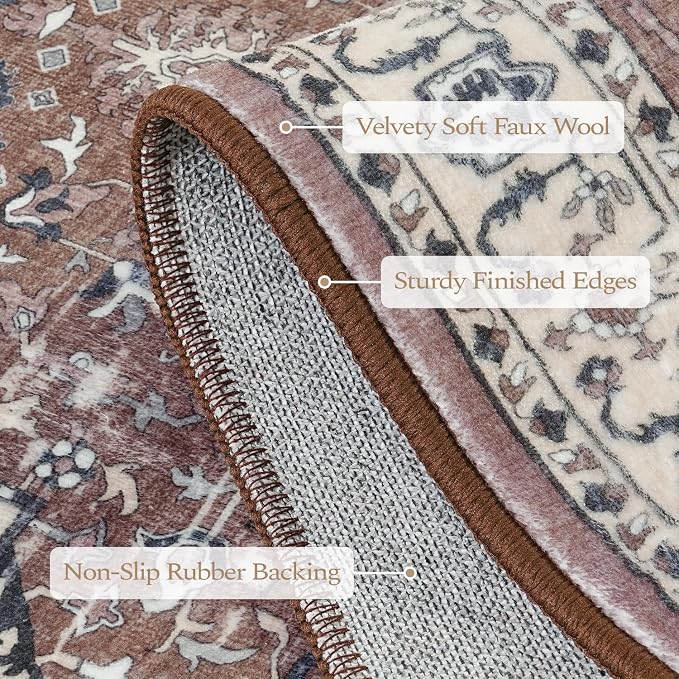Rugflix 8x10 Area Rugs for Living Room, Washable Brown Beige Large Rug | Machine Washable; Stain-Resistant; Low Pile; Non-Slip; Vintage Printed; Carpet for Bedroom Dining Office Nursery Home
