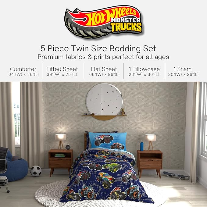 Hot Wheels x Monster Trucks Bedding Set, Twin Size 5 Piece Set Kids Super Soft Cozy Reversible Comforter and Sheet Set with Sham, (100% Officially Licensed Product) by Franco