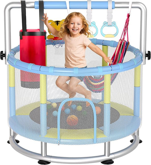 55" Kids Indoor Trampoline with Safety Net, Adjustable Gymnastics Bar & Toys – Indoor/Outdoor Toddler Play Gym for Boys & Girls Ages 3+, Birthday Gifts
