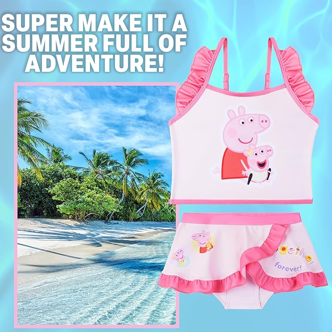 Paw Patrol | Hello Kitty | Peppa Pig Girls Swimsuit, Two Piece Bikini Top & Bottom Set, Bathing Suits with Adjustable Straps