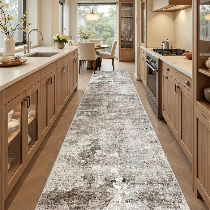 Soalmost Abstract Runner Rug 2x10 Hallway Kitchen Runners Pink/Grey | Vintage Washable Rugs for Bathroom Laundry Room, Low Pile Stain Resistant Floor Carpet Mat Entryway Corridor Bedroom