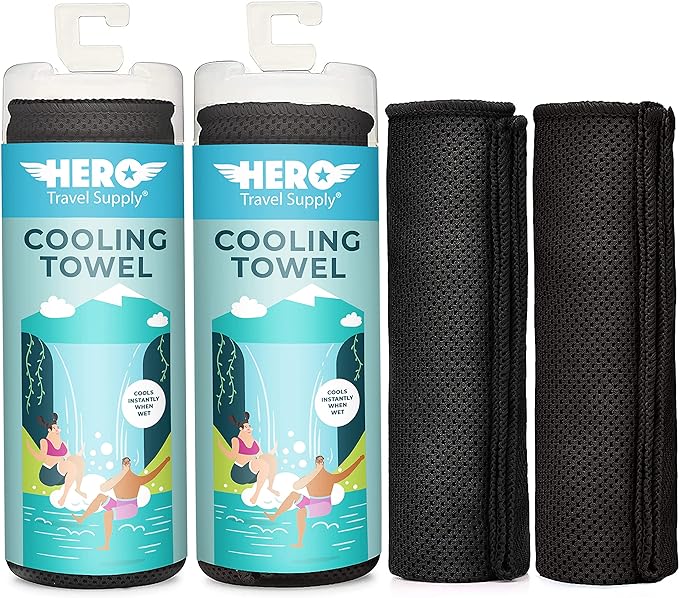 Hero Cooling Towel for Travel, Hiking, Sports, Yoga (2-Pack) Ultra Soft Microfiber 40" x 12" (Black/Black)