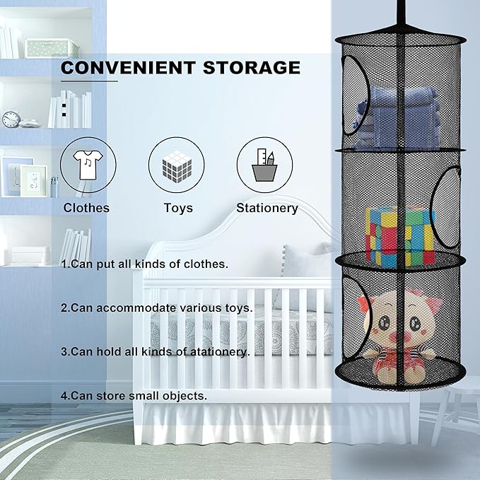 2Pcs Stuffed Animal Storage Foldable Stuffed Animal Net or Hammock Organizer, 3 Compartments Hanging Mesh Toy Storage Hammock for Kid Room Toys, Gloves, Hats, Socks(Black)