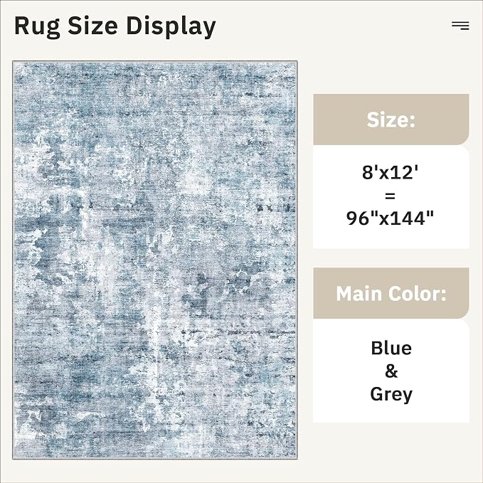 Soalmost Abstract Rug 8x12 Large Living Room Area Rugs Washable Blue/Grey | Modern Non-Slip Carpet for Dining Bedroom, Stain Resistant Foldable Thin Low Pile Floor Mat Under Table Home Office Decor