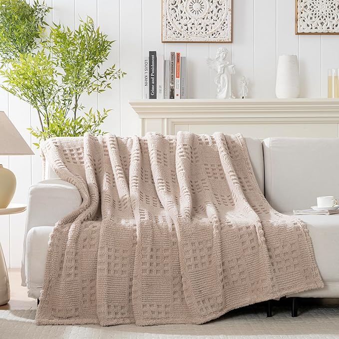 90x90 Inch Brown Waffle Queen Blanket - Soft & Fluffy Fleece, Neutral Tan Color, Cute & Aesthetic, Perfect for Sofa, Couch, Bed, Living Room & Bedroom, All-Season Use, Plush & Cozy Decorative Blanket