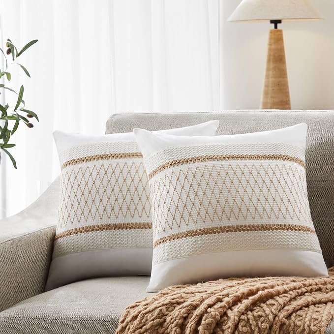 2pk Boho Pillow Covers 20x20, Natural White/Grid/Brown | 100% Organic Cotton Body, Stripe Embroidery, Farmhouse Decorative Cushion Covers for Sofa Bed Living Room Home Decor
