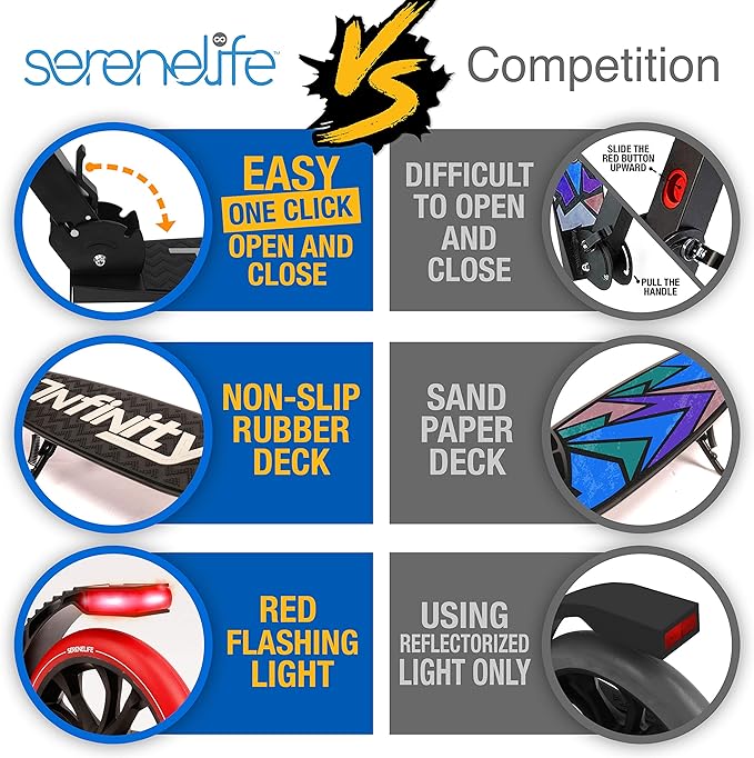 SereneLife Two Wheel Scooter for Teens, Smooth Gliding Kick Scooter for Adults w/Adjustable Height for Ages 8+, Portable All Terrain Scooter w/Carry Straps, Easy to Fold