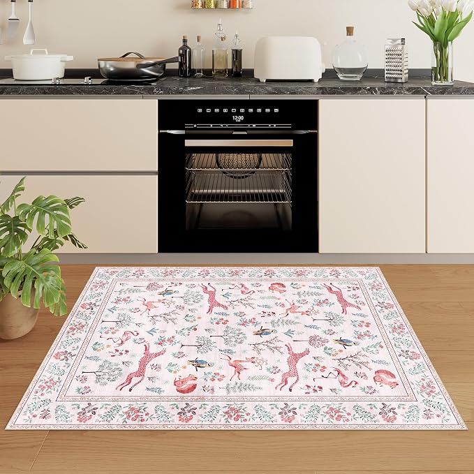 DUKINO 2x3 Entryway Rug, Washable Door Mat Animal Rug for Kitchen, Pink | Non Slip, Low Pile, Soft Indoor Small Rug for Entrance, Bedroom, Bathroom, Laundry, Pet Friendly, Lightweight, Non-Shedding