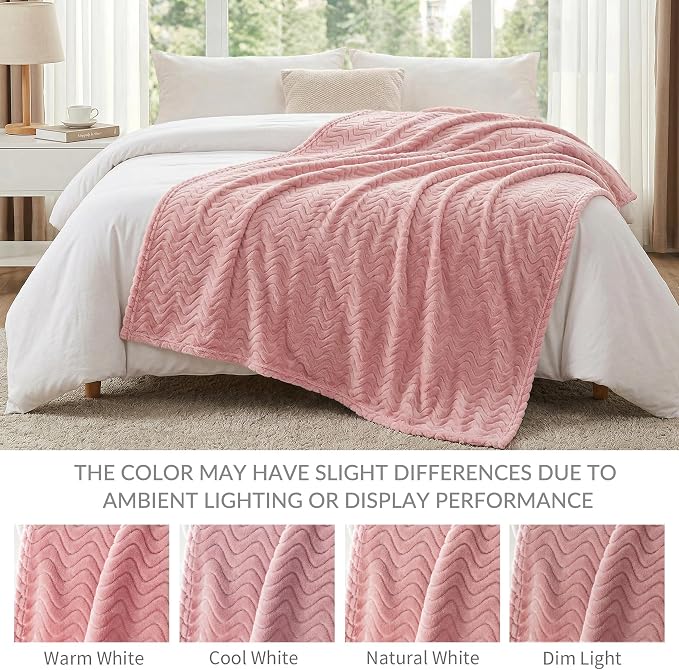 Exclusivo Mezcla Soft Fleece Blanket Twin Size for Bed, Sofa, Pink | 90"x66" Breathable Lightweight Flannel Blanket for Summer, Plush Cozy Jacquard Wave for Home Decor