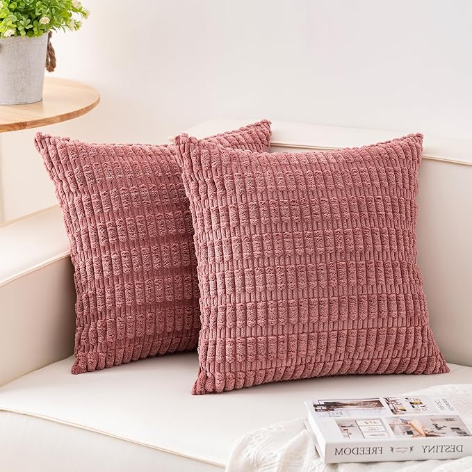 Pack of 2 Corduroy Decorative Throw Pillow Covers 18x18 Inch, Peach Pink | Fall Soft Striped Pillow Covers Modern Farmhouse Home Decor Christmas Throw Pillow Covers for Sofa Living Room Couch Bed