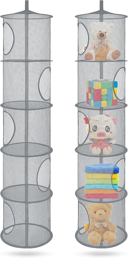 2Pcs Hanging Mesh Space Saver Bags Organizer, Foldable Storage Organizer 5 Compartments Toy Storage Organizer for Kid Room Toys, Gloves,Hats,Socks Storage #Grey
