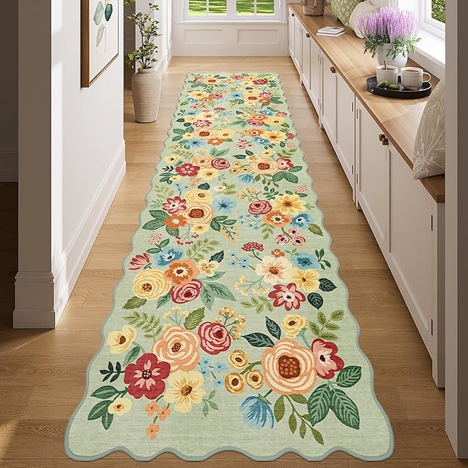 DUKINO 2x8 Washable Runner Rug, Floral Non Slip Kitchen Runner Rug, Green | Low Pile, Soft Throw Rug Runner for Hallway, Entryway, Bedroom, Bathroom, Pet Friendly, Stain Resistant, Home Decor