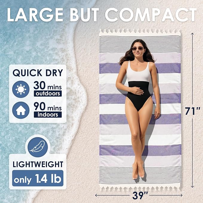 ATANI Turkish Beach Towel (71x39 Inches), Converts to a Bag, Oversized 100% Cotton Bath Towels Lightweight Quick-Dry Beach Blanket for Travel, Picnic, Camping, Yoga and Pool (Lavender)