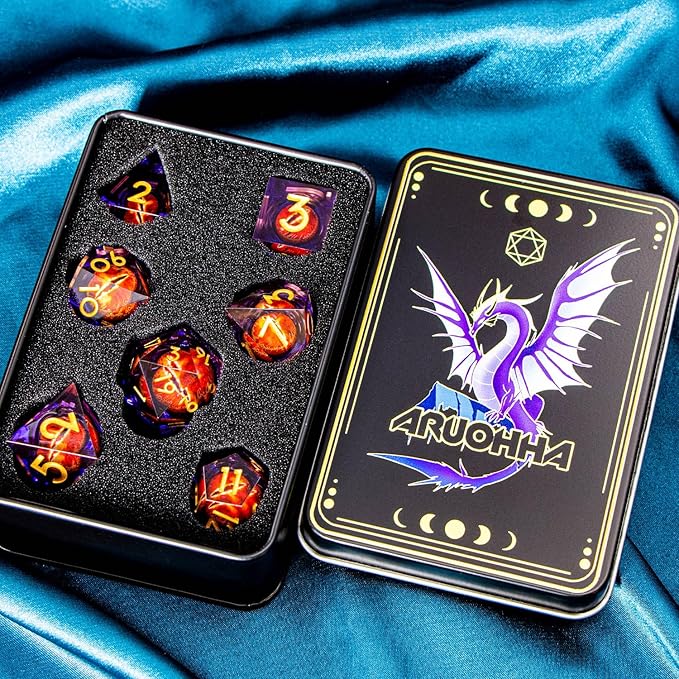 ARUOHHA DND Resin Dice Gazes Eye Dice Purple Gold Liquid Core Flaming RPG Sharp Edged Dice Set with Gift Box, Polyhedral D and D Dice Set Compatible with Dungeons Dragons Role Playing Game D20 D6