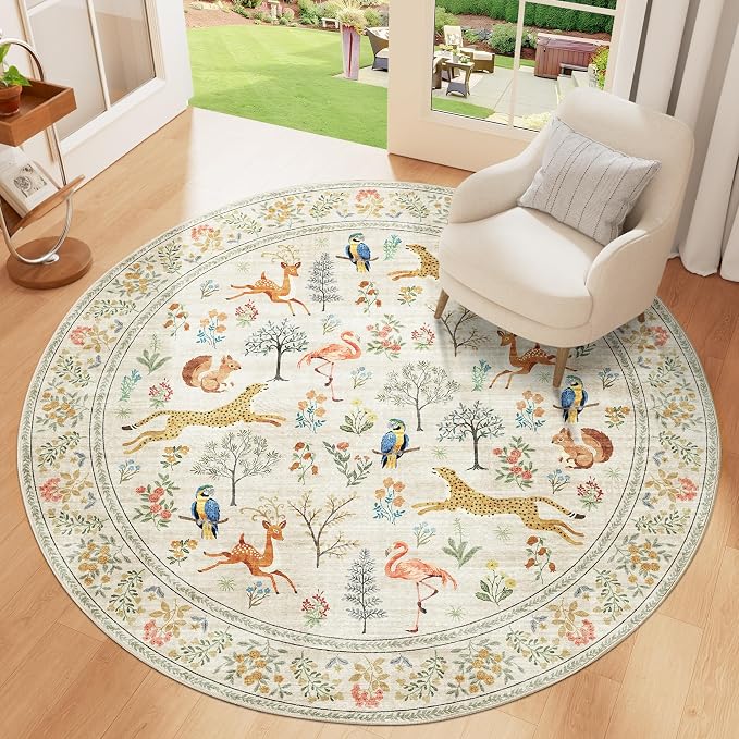 DUKINO 5ft Round Rug, Washable Animal Non Slip Circle Area Rug, Beige | Low Pile, Soft, Non-Shedding Indoor Round Carpet for Bedroom, Living Room, Farmhouse, Farmhouse, Pet Friendly, Lightweight