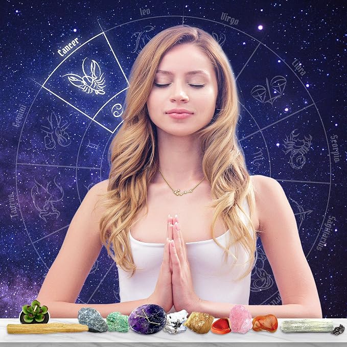 DANCING BEAR Cancer Zodiac Healing Crystals Gift Set, (14 Pc): 9 Stones, 18K Gold-Plated Constellation Necklace, Meteorite, Succulent Candle, Palo Santo Smudge Stick, and Info Guide, Made in The USA