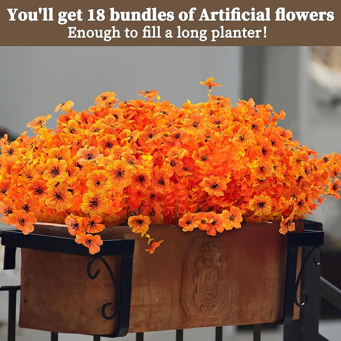 ColoPlay 18 Bundles Artificial Mums for Outdoors, Fake Flowers Fall Decor | Faux Mums for Outdoor Planters, Eucalyptus Leaves UV Resistant Fake Plants for Home Porch Box Wedding Farmhouse(Orange)
