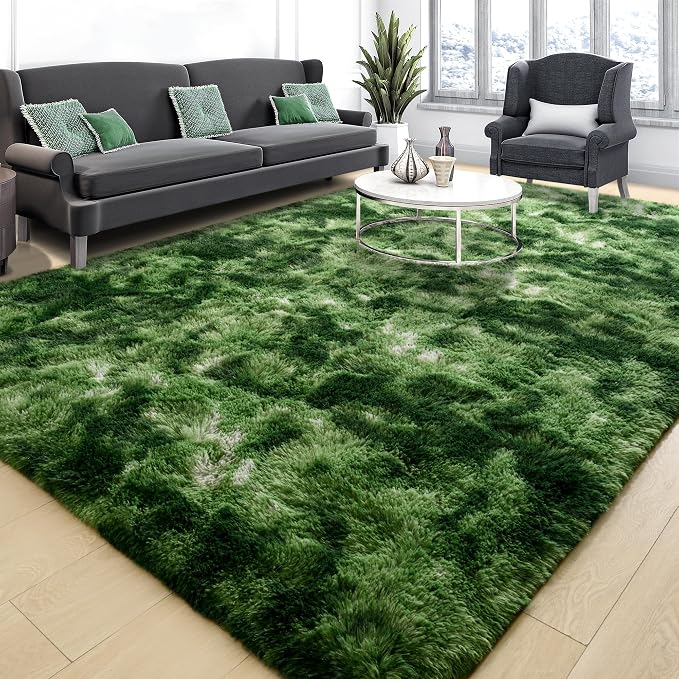 Tepook Fluffy Dark Green Rugs for Living Room Bedroom, 6x9 Soft Area Rug Tie-Dyed Forest Moss Green Kids Girls Boys Rug, Indoor Plush Shaggy Non-Slip Carpet for Nursery Classroom Dorm Home Decor