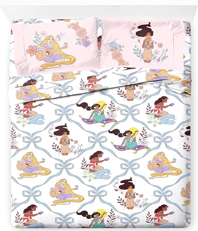 Jay Franco Kids Sheet Set with Fitted, Flat Sheets & Pillow Cover - Ultra-Soft Bedding with Pillowcase for Room Decor, White – Disney Princess, 4 Piece Queen
