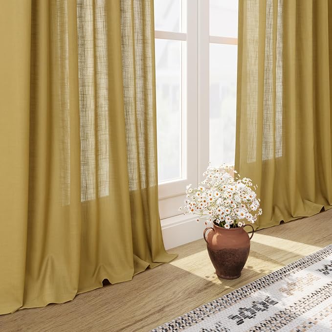 Gold Linen Curtains 63 Inches Long 2 Panel Sets for Living Room Bedroom Rod Pocket Back Tab Light Filtering Drape for Kitchen Window Short Protect Privacy Curtain Modern Farmhouse Decor 52x63