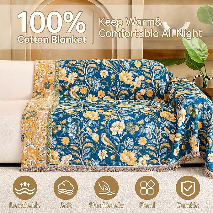 VANJOROY Boho Throw Blanket, 100% Organic Cotton Breathable Ultra Soft 50" x 60" Bed Quilt Blue Throw - All Season Bird Floral Rustic Farmhouse Decor Reversible Blanket for Couch Chair and Gift