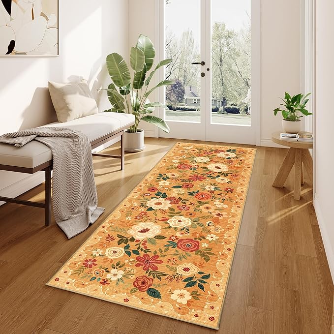 DUKINO 2x10 Runner Rug, Floral Washable Kitchen Runner Rug Non Slip, Orange | Soft, Low Pile, Stain Resistant Indoor Rug Runner for Hallway, Entryway, Bedroom, Bathroom, Laundry, Pet Friendly, Home Decor