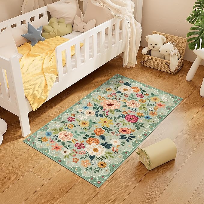 DUKINO 2x4 Entryway Rug, Floral Washable Kitchen Rugs Non Slip, Green | Low Pile, Soft Indoor Runner Rug for Hallway, Bedroom, Bathroom, Laundry, Pet Friendly, Modern Home Decor, Stain Resistant