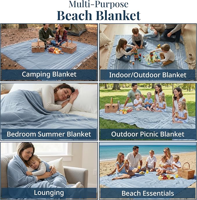 LANE LINEN Beach Towels Oversized - Picnic Blankets (82x82), Sand- Free Beach Accessories Must Haves for Family Vacations, Park Outings with Easy Carry, Quick Setup & Dry, Machine Washable – Sky Blue