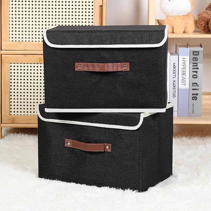 ANMINY Fabric Storage Box Bins with Lids, Black, 15"x10"x10", 2 Pack | Keepsake Memory Storage, Cotton Linen, PP Board Reinforced, Washable, PU Handles, Foldable & Stackable, Decorative, Large