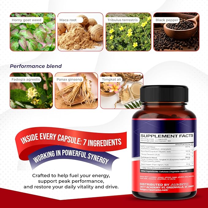 Horny Goat Weed Supplement with L-Arginine Tribulus Terrestris Maca Root Tongkat Ali - Male Energy, Strength and Memory Support (90 Count (Pack of 1))