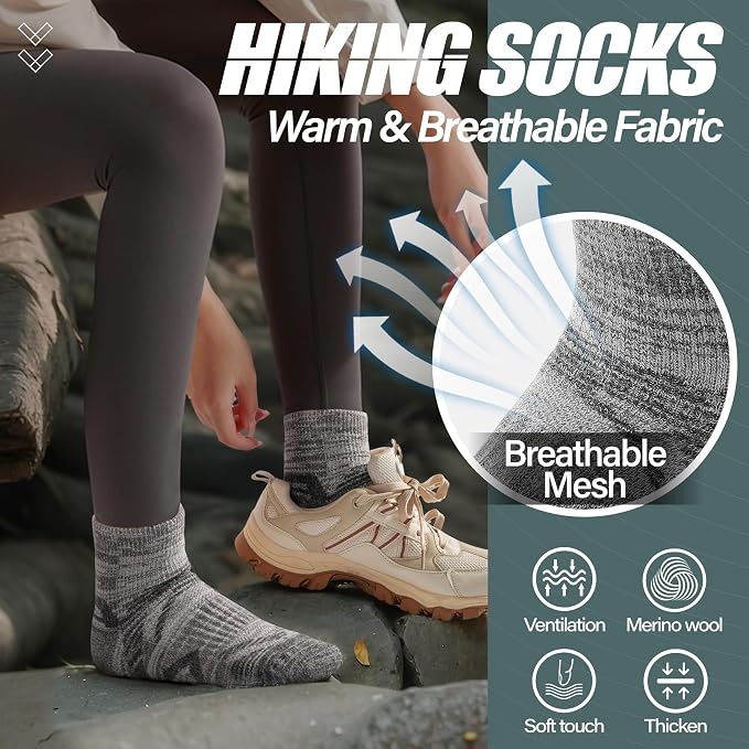 ANTSANG 6 Pairs Merino Wool Quarter Ankle Hiking Running Socks Compression Thermal Thick Cushion Socks for Women Men